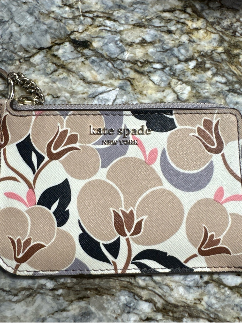 kate spade beige multicolor floral zip card case with silver logo